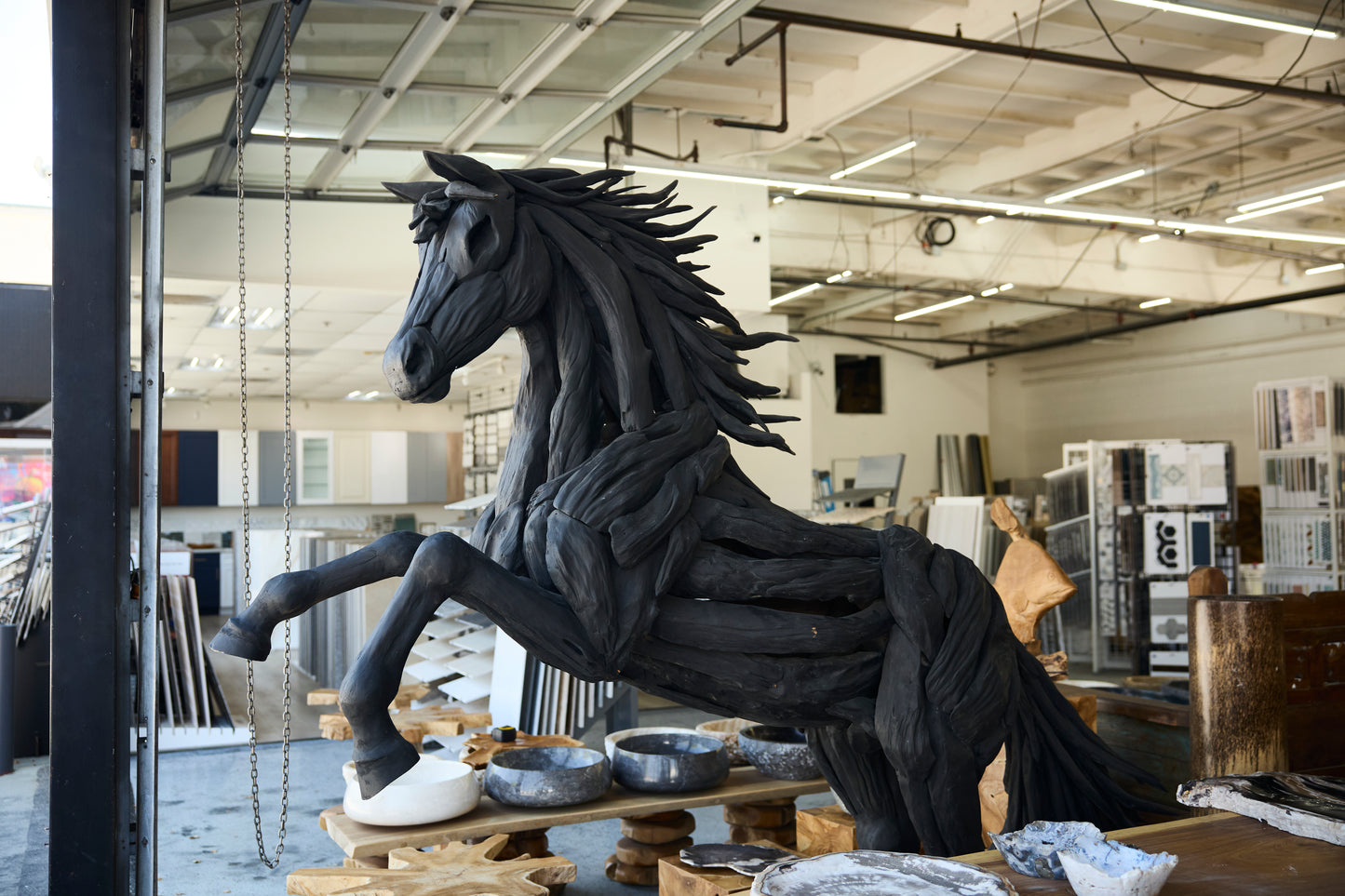 Teak Horse Standing Sculpture Black Finish