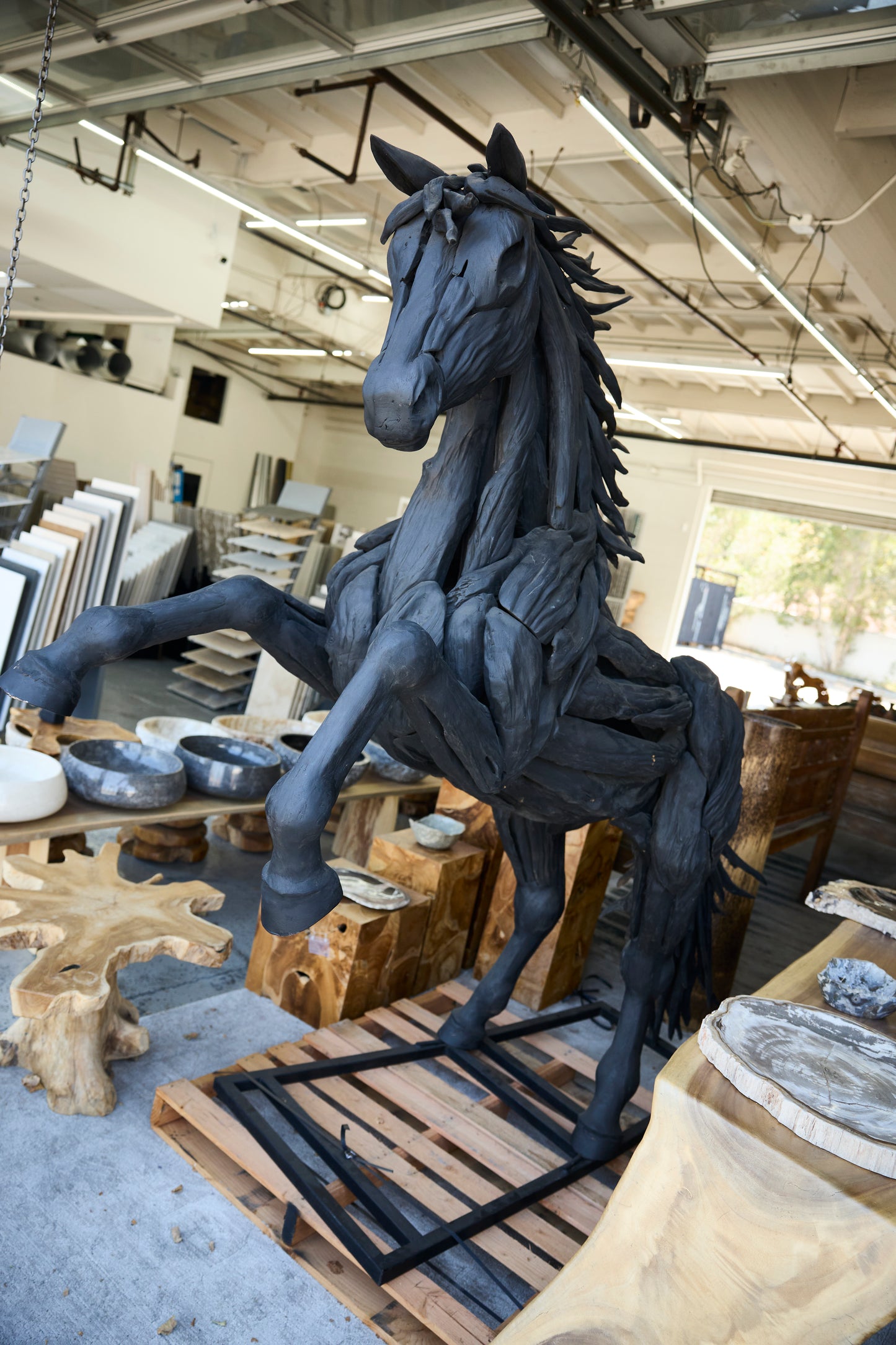 Teak Horse Standing Sculpture Black Finish
