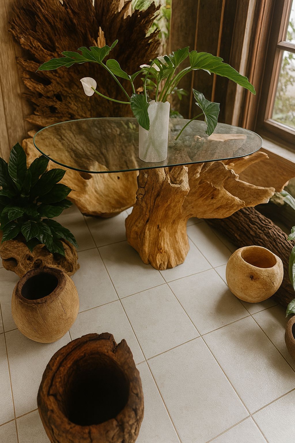 DINNING TABLE TEAK LAMINATE LEGS WITH GLASSS TEAK ROOT