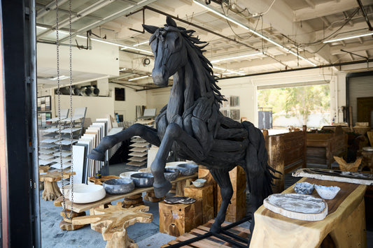 Teak Horse Standing Sculpture Black Finish
