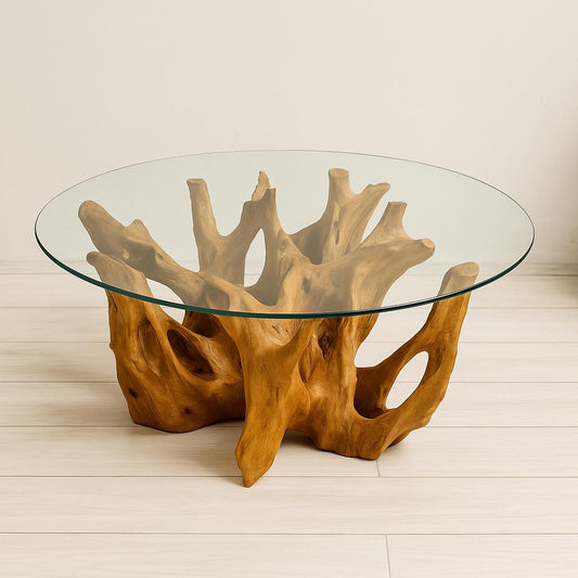 coffeetable carved WITH glass teak root
