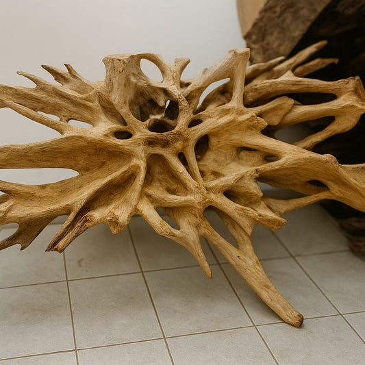 SQUARED COFFEE TABLE WITH GLASS TEAK ROOT
