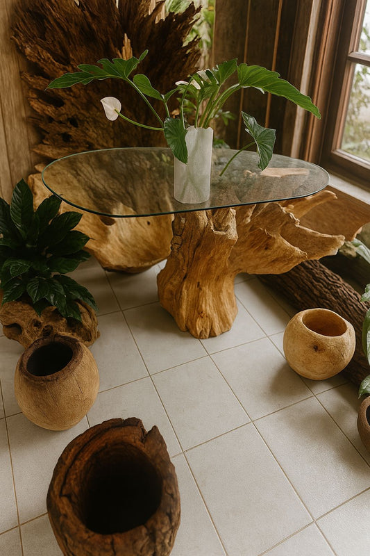 DINNING TABLE TEAK LAMINATE LEGS WITH GLASSS TEAK ROOT